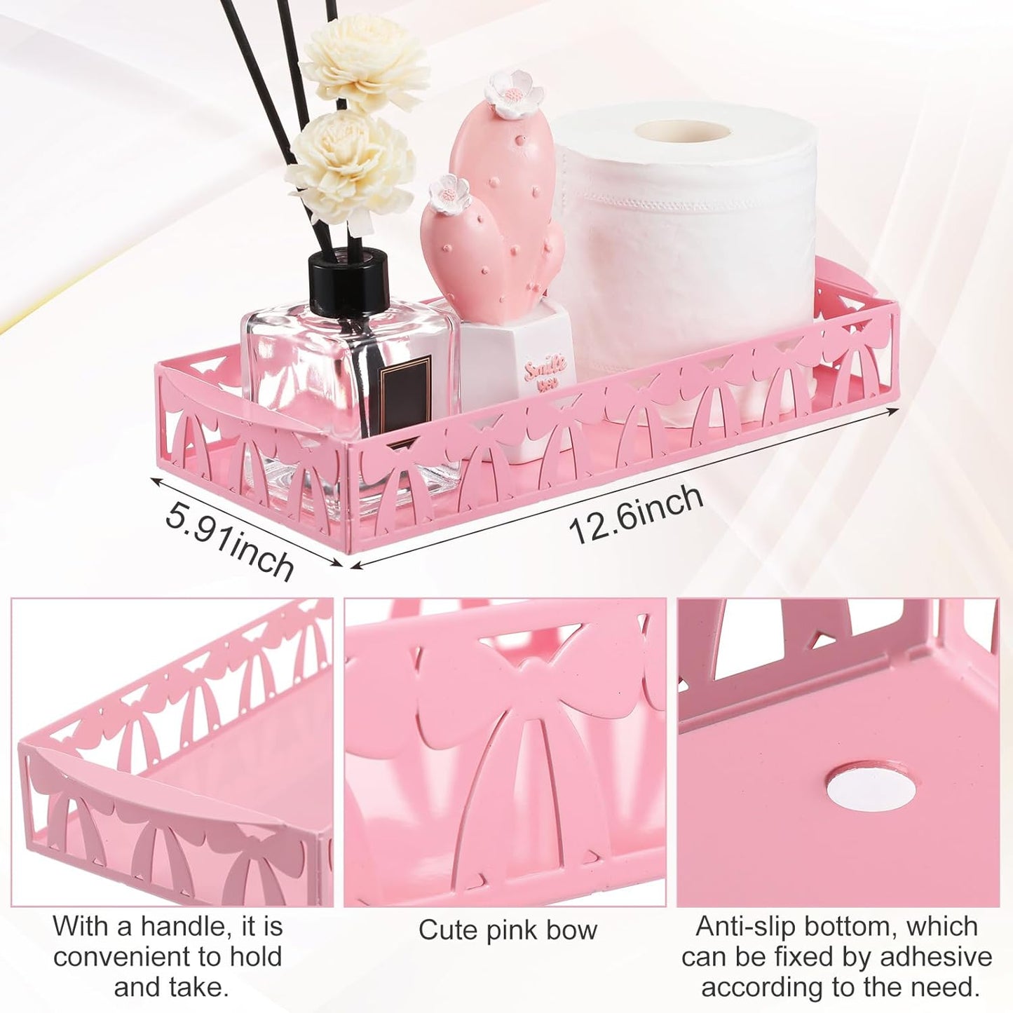 Skiennix Pink Bow Toilet Paper Basket - Cute Metal Holder with Handle for Stylish Bathroom Storage