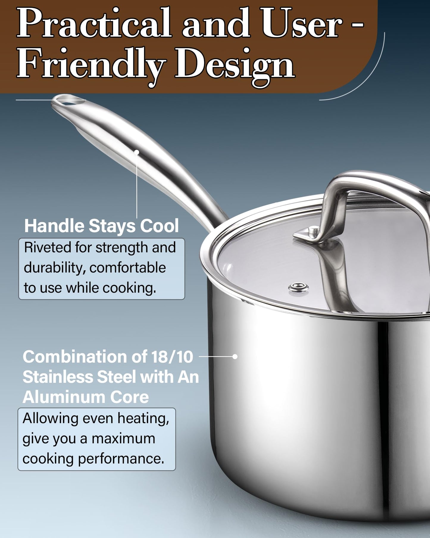 Cook N Home Stainless Steel Sauce Pan with Lid, 1.5 Quart Tri-Ply Full Clad Small Kitchen Pot, Dishwasher & Oven Safe, Induction Compatible Cookware