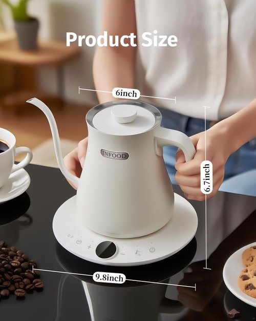 INFOOD 0.8L Gooseneck Electric Kettle, Precise Temperature Control for Pour Over Coffee & Tea, 1200W Fast Boiling Water, Auto Shut Off, Scheduling, Stainless Steel, White