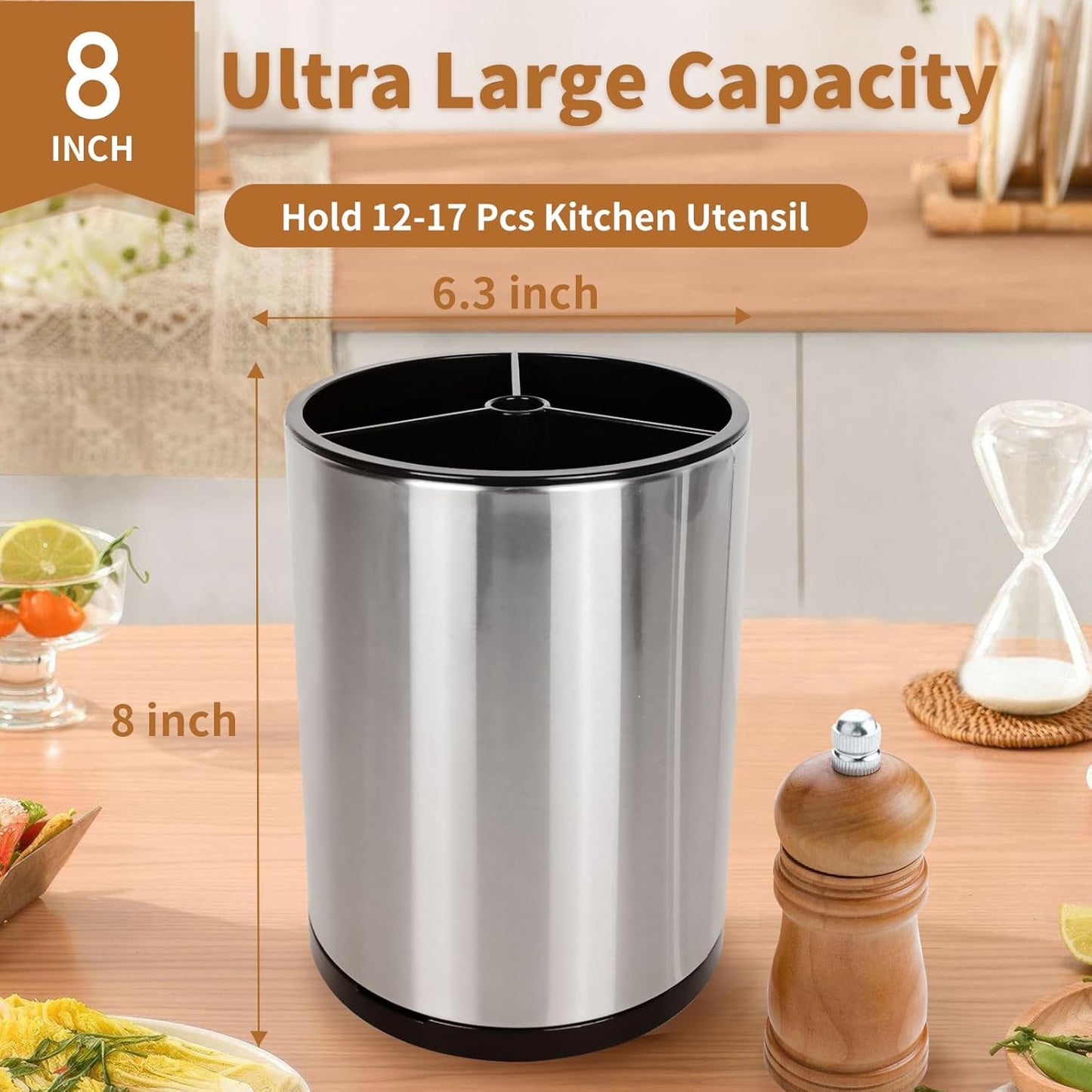 Nigelia Extra Large Kitchen Utensil Holder - 360° Rotating Stainless Steel Caddy | 3 Compartment Organizer (Silvery)