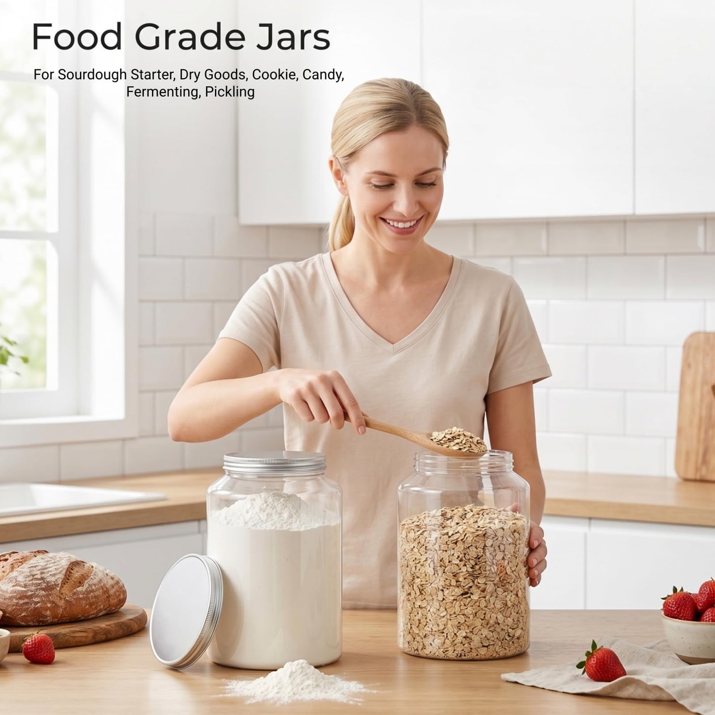 Tlence 2 Pack 1 Gallon Clear Plastic Jars, Large Food Storage Containers with Aluminum Lids, BPA Free Wide Mouth Mason Jug for Sourdough Starter, Dry Goods, Cookie, Candy, Fermenting, Pickling