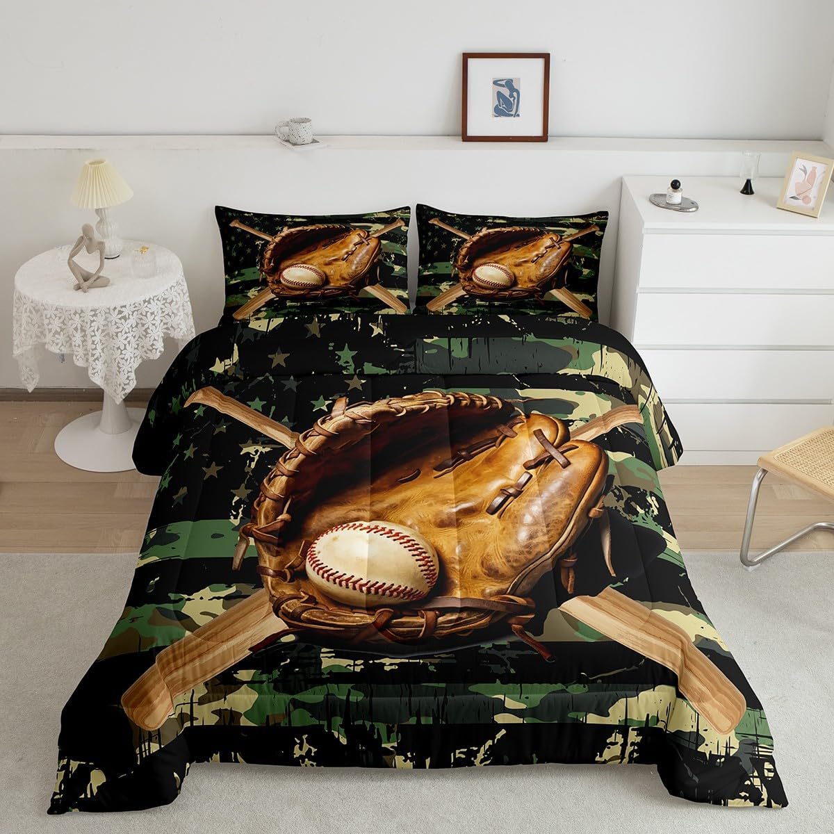 jejeloiu Baseball Comforter Set Twin Size Kids Camo American Flag Comforter for Boys Girls Teens Camouflage Bedding Set Breathable Baseball Games Duvet Set Room Decor Quilt Set