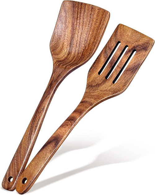 Acacia Wooden Spatula Set - 2Pcs Solid & Slotted Turner with Long Handle | Ideal Kitchen Gift for Moms