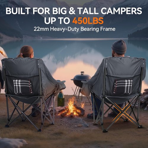 Huskfirm Oversized Camping Chair - Heavy-Duty Padded Design with Cup Holder & Cooler Bag | Supports 450lbs, Grey