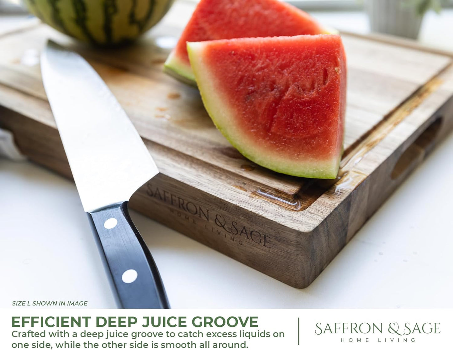 Saffron & Sage Large Wood Cutting Board - Thick 16 x 12 x 1.5 Inch Acacia with Juice Groove | Reversible Chopping & Charcuterie Board