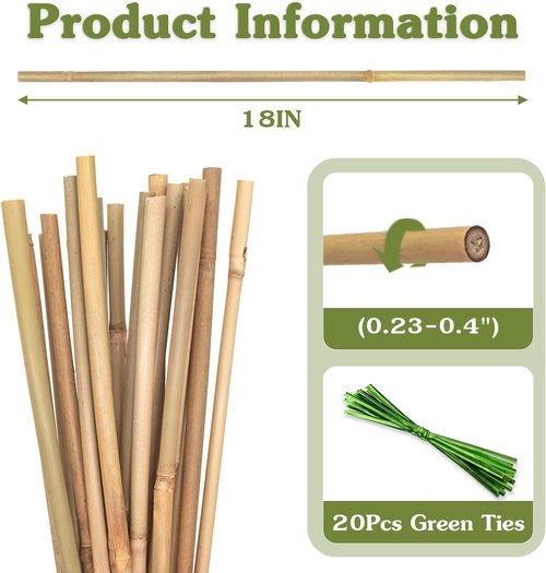 HAINANSTRY Bamboo Plant Stakes - 18 Inch Support Sticks for Indoor & Outdoor Gardening | 20 Pack