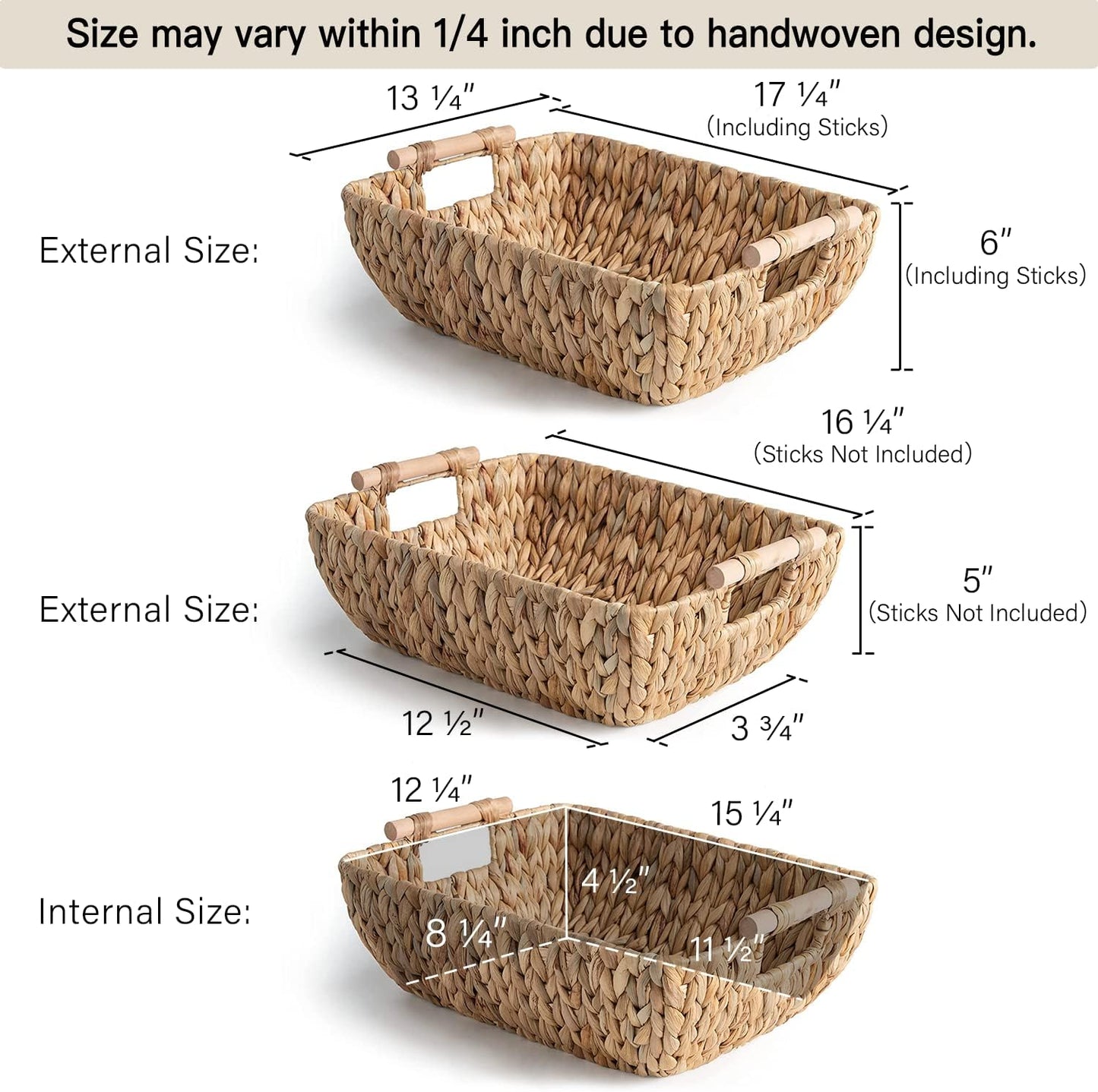 StorageWorks Hand-Woven Storage Baskets - Durable Water Hyacinth Wicker with Wooden Handles | 2 Pack