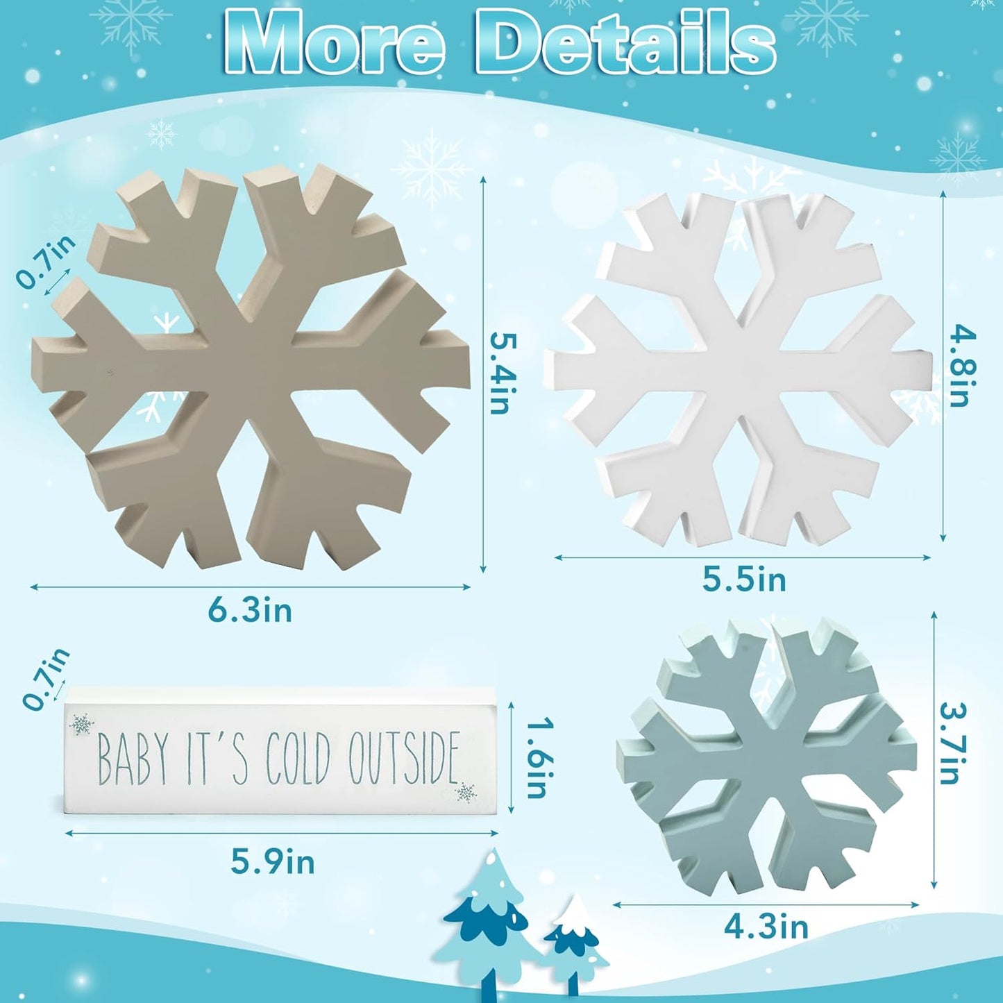 KORMMCO Winter Snowflake Fireplace Decorations - 4Pcs Farmhouse Christmas Decor | White, Brown, Blue