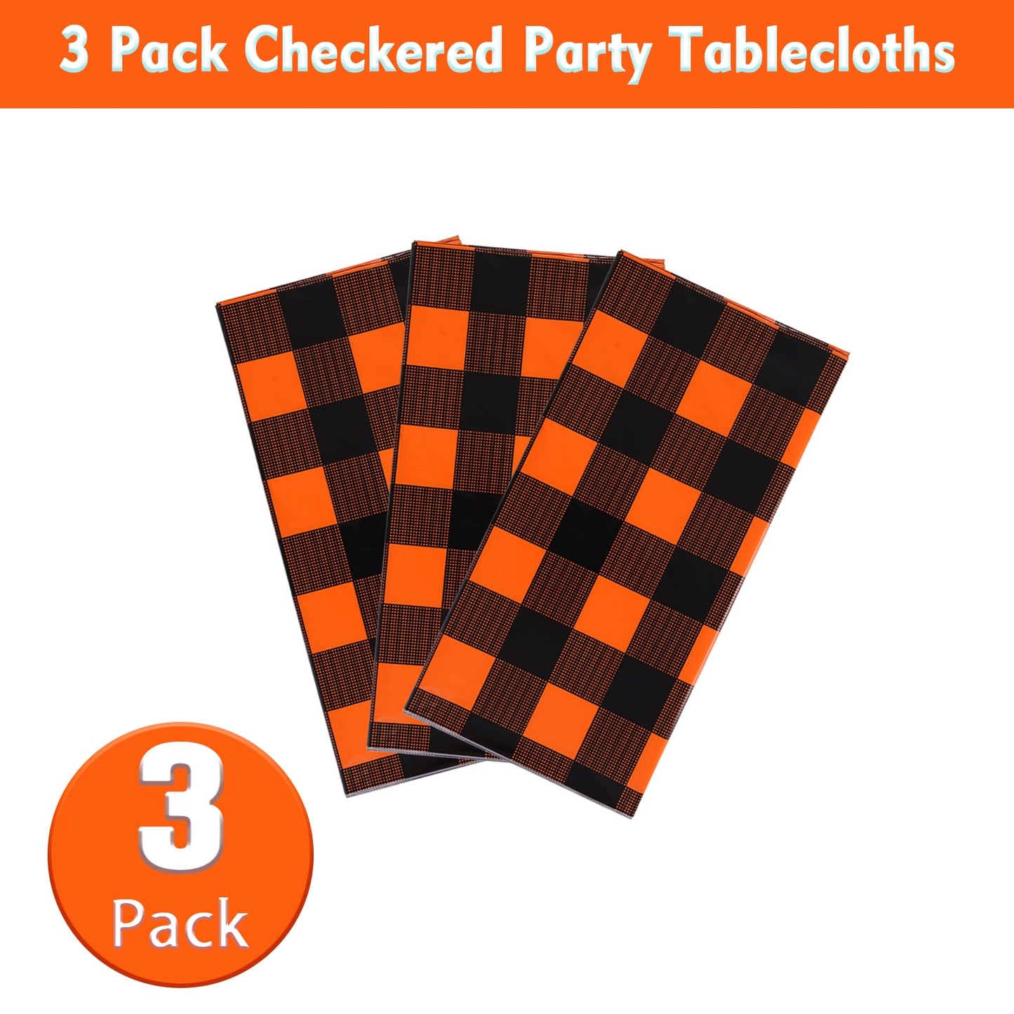 Kesfey 3 Packs Fall Orange Buffalo Check Plaid Tablecloth 54 x 108 Inches Waterproof Autumn Thanksgiving Gingham Table Cloth Disposable Orange and Black Plastic Checkered Picnic Tablecover for Camping