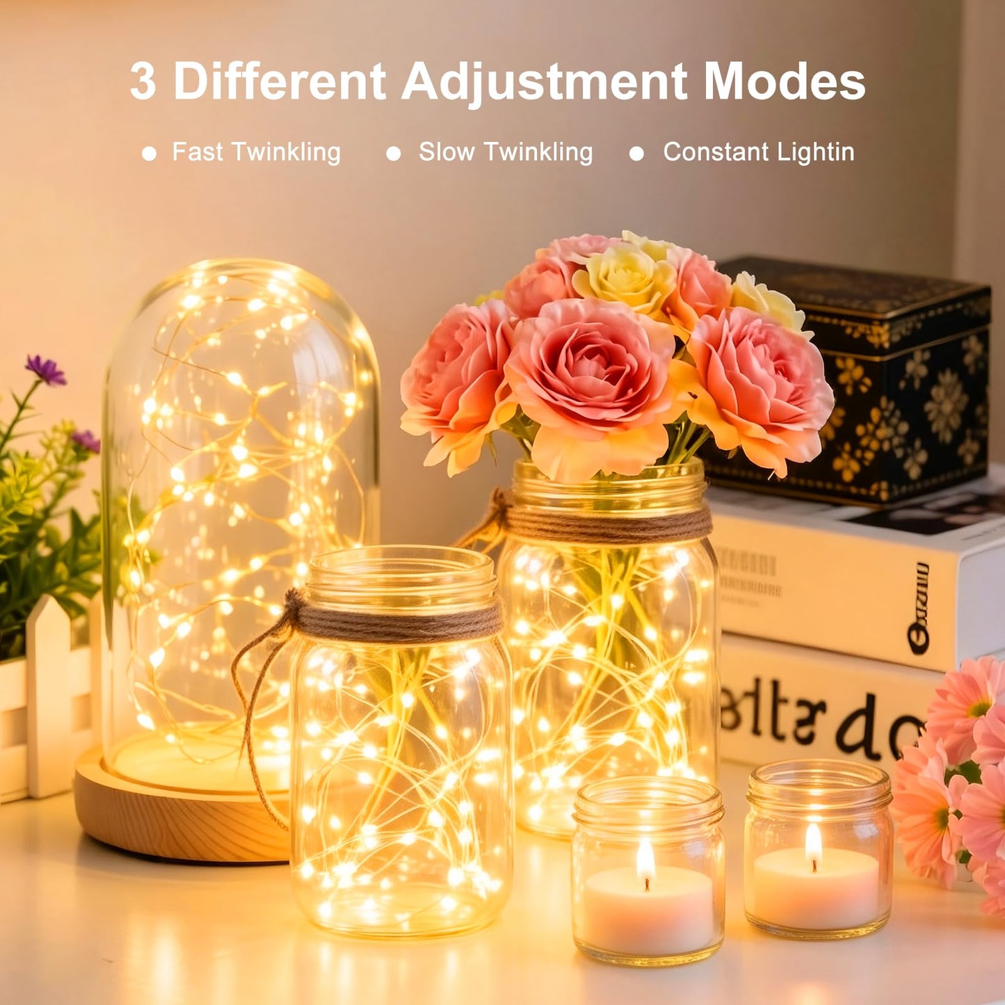 8Pack Fairy Lights Battery Operated, 7ft 20 LED 3 Modes Speed Twinkle Mini String Lights Waterproof Silver Wire Firefly Starry Lights for Mason Jars Wedding Party Christmas Decorations