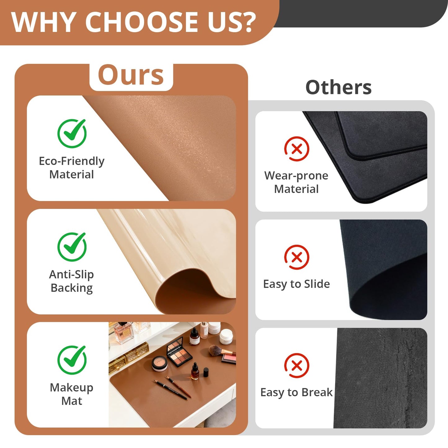 LovePads Makeup Mat for Vanity, 14 x 24 Dual-Sided Desk Pad & Vanity Cover Top, Waterproof PVC Protector Mat for Dresser, Nail Art, Craft Table (Brown+Beige)