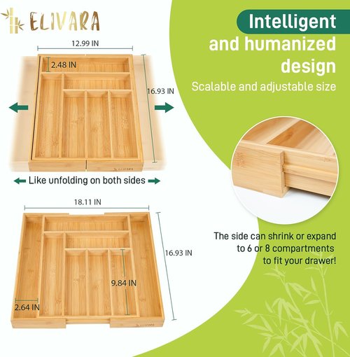 Bamboo Expandable Drawer Organizer by Skiennix - Adjustable Utensil & Cutlery Tray for Kitchen, Office & Bathroom Storage