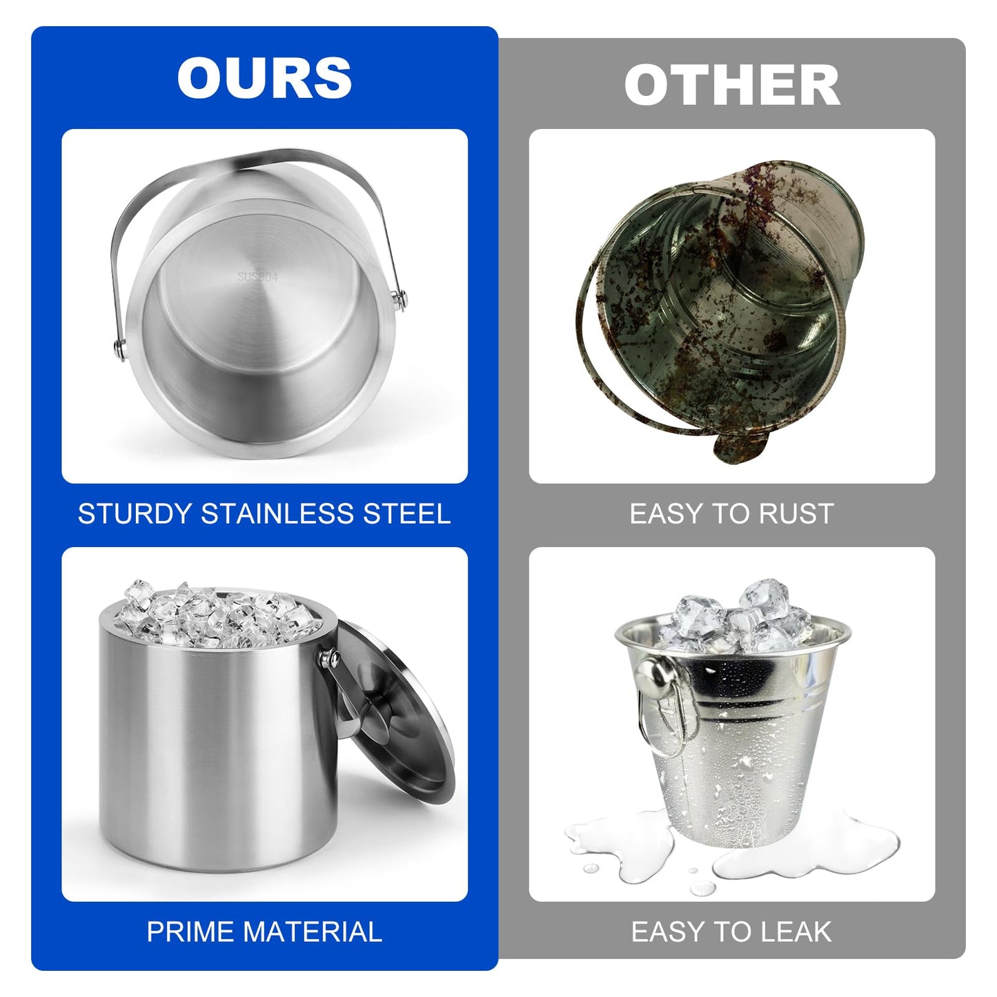 Portable Ice Buckets for Parties,3 Liter Double Wall Ice Bucket with Lid,Scoop,Tongs,Handle,Stainless Steel Ice Container to Keep Ice Frozen Longer- Ideal for Cocktail Bar,Camping,Chilling Beer/Wine
