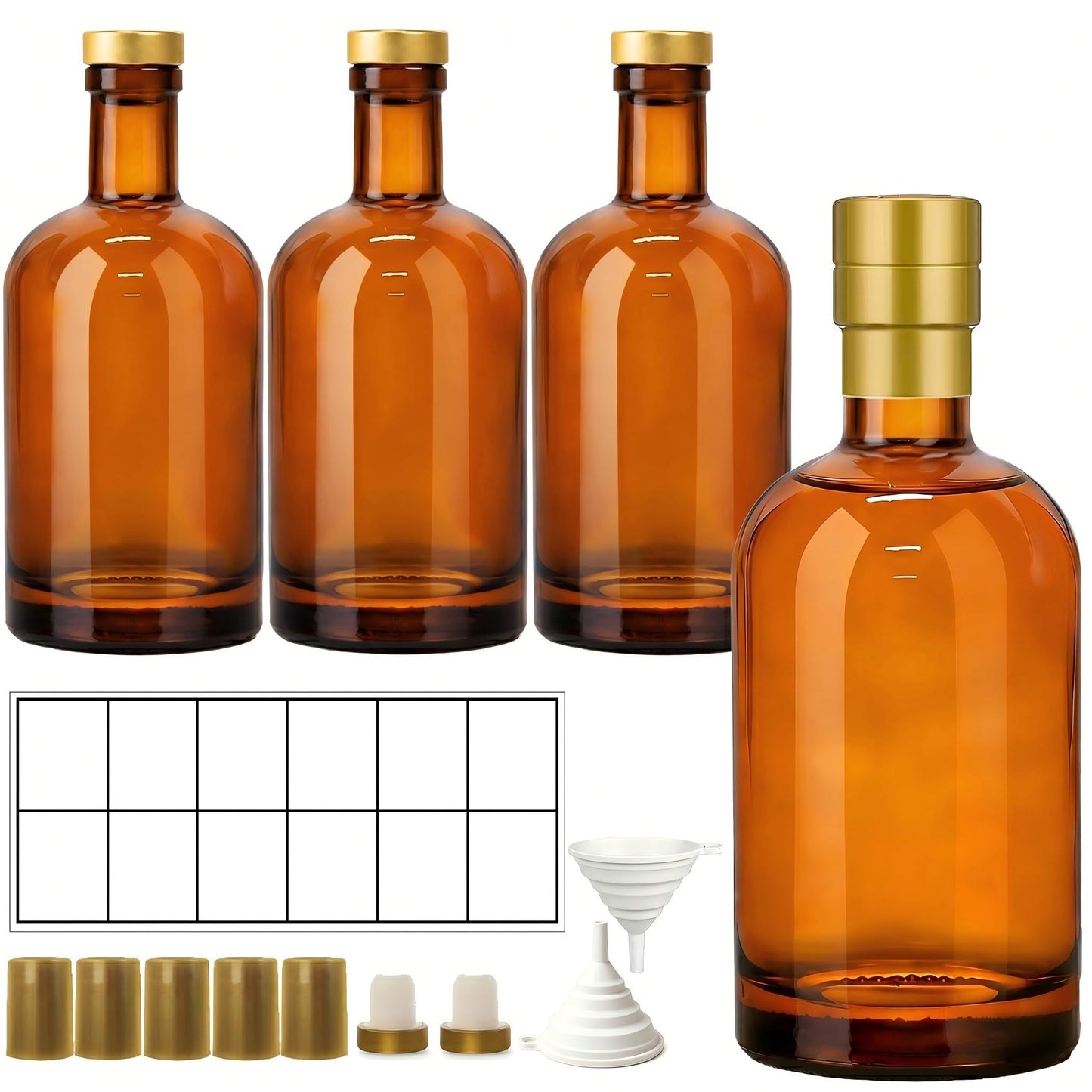 TBWIND 4 Pack 25oz Amber Glass Liquor Bottles with T-Top Cork Stoppers, 750ml Refillable Bottles for Homemade Spirits, Wine, Whiskey, Extracts & Oils, Includes Funnels & Labels