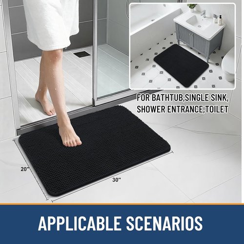Arotive Ultra Soft Chenille Bathroom Rugs - Non-Slip, Machine Washable, 30" x 20", Black