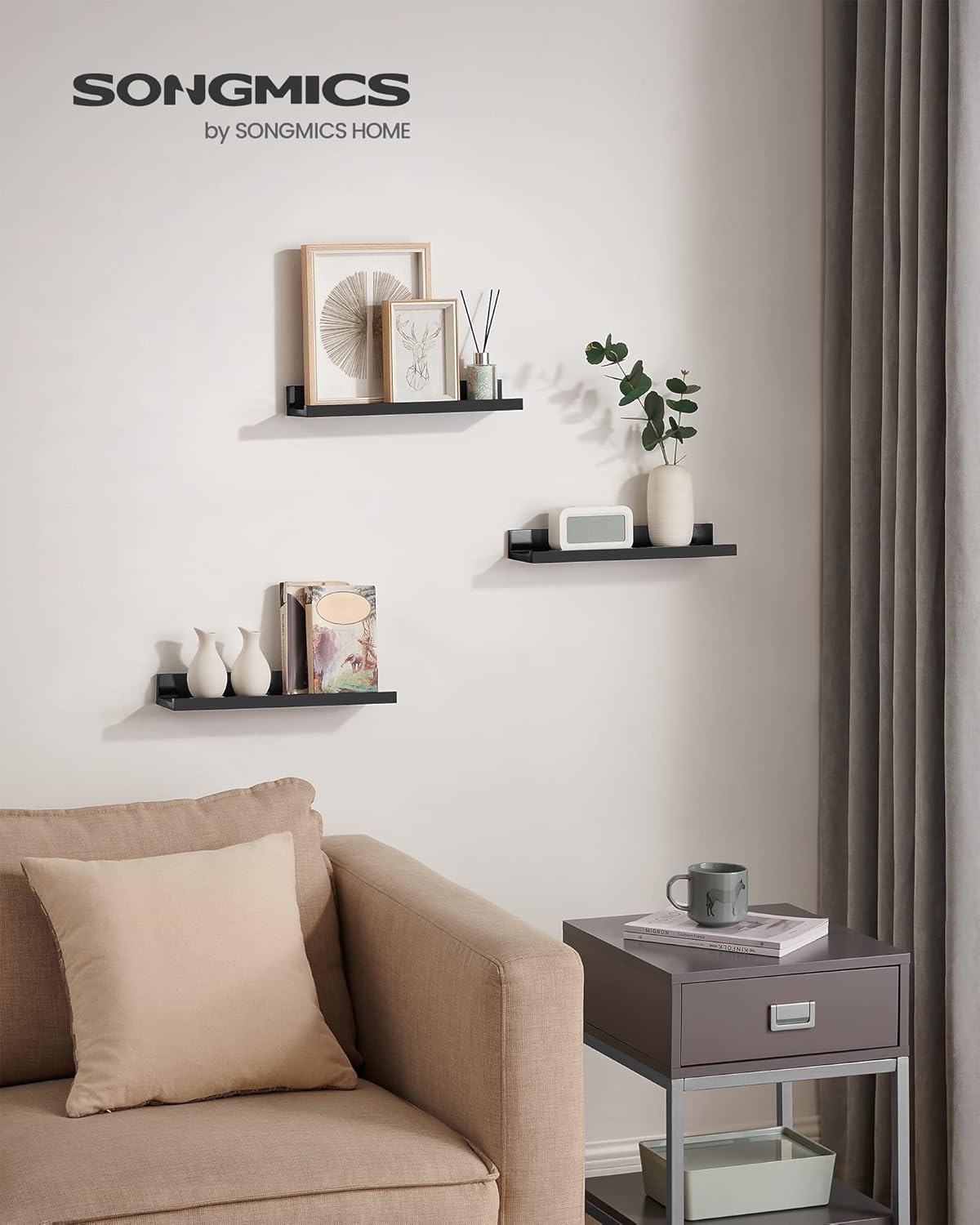 SONGMICS Floating Shelves - Set of 3 Stylish 15-Inch Wall Shelves for Home Decor | Black