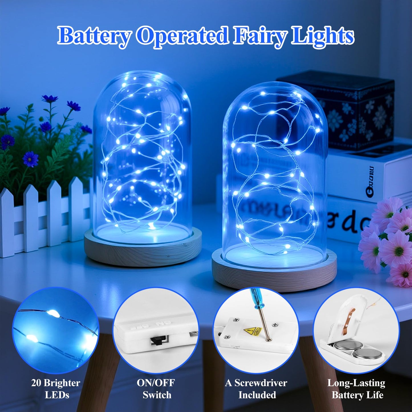 Lakumu 6-Pack Fairy Lights Battery Operated String Lights-7FT 20 LED,Waterproof Silver Wire Firefly Lights for Mason Jars DIY Bedroom Wedding Party Centerpiece Table Decor, Blue