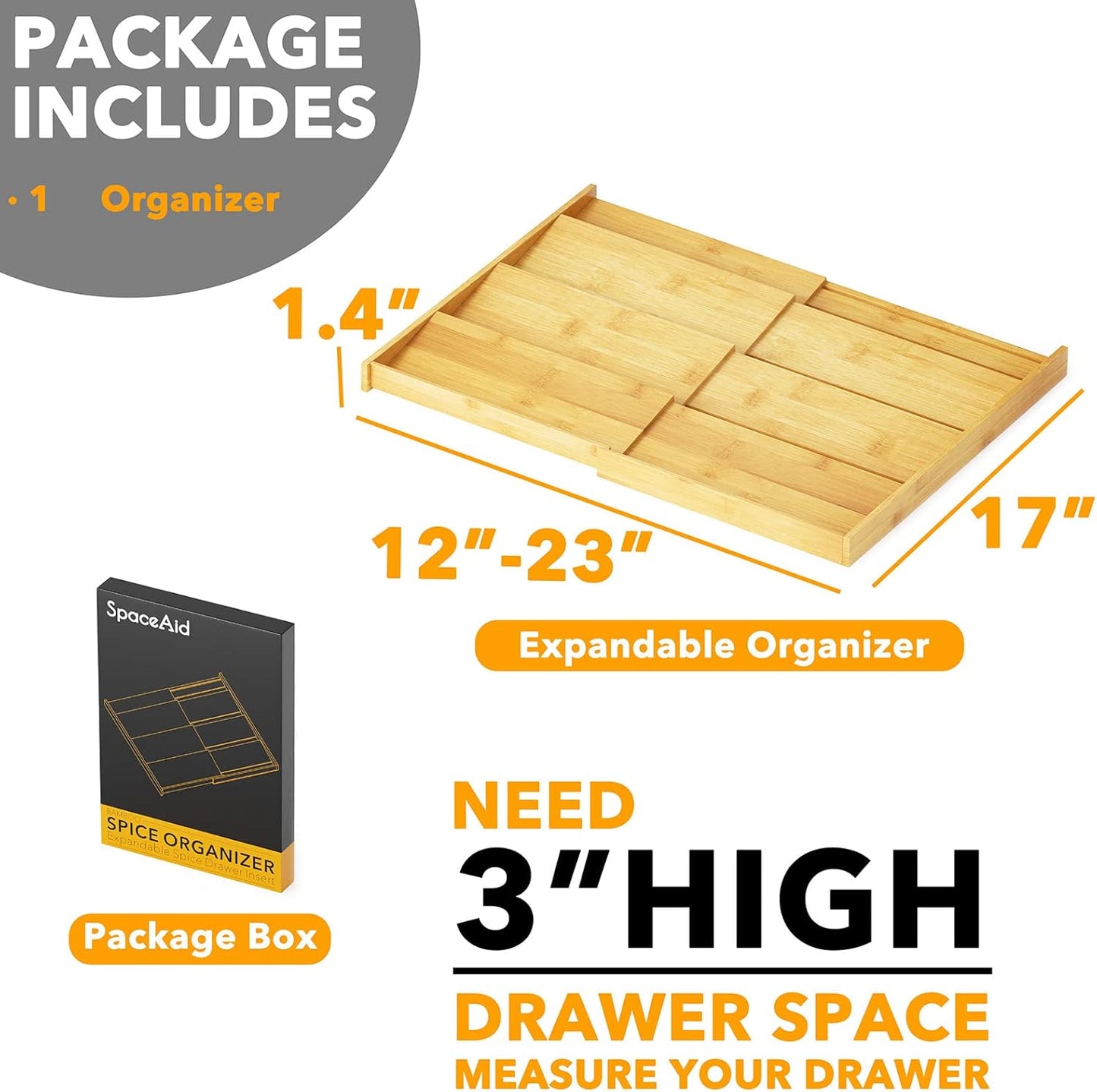 SpaceAid Bamboo Spice Drawer Organizer - Expandable 4-Tier Spice Rack for Kitchen Storage | Fits 12" to 23" Wide Drawers
