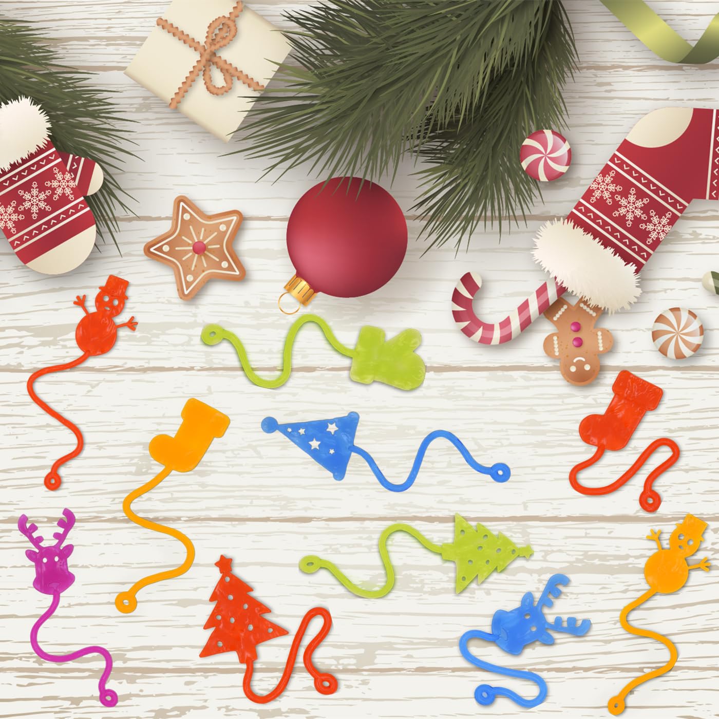 Menzcci 24 Pack Christmas Sticky Hand Toys, 8 Styles Christmas Stocking Tree Hat Glove Deer Snowman Sticky Stretchy Toys for Kids Boys Girls Christmas Stocking Stuffers Party Favors Gifts