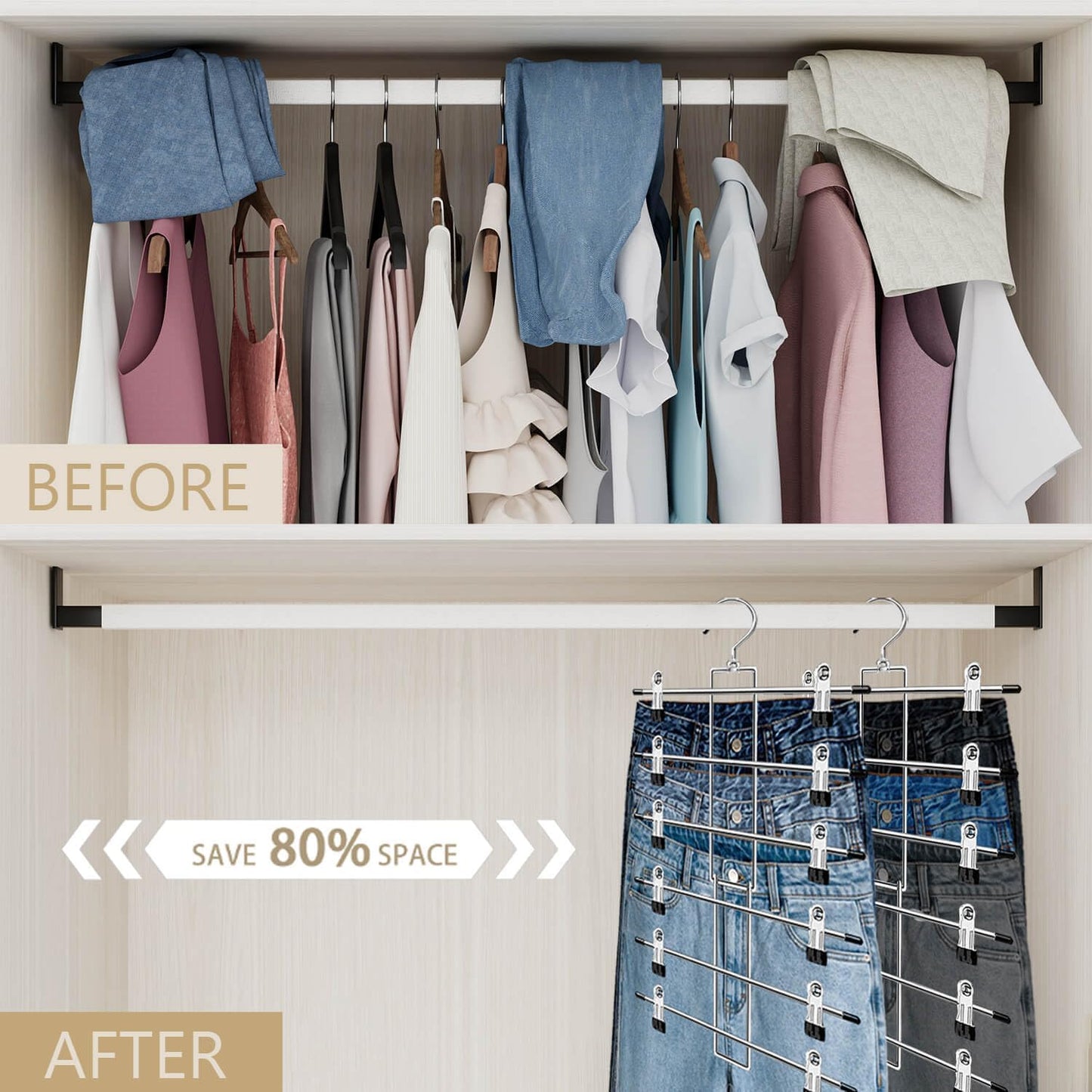 Skiennix Pants Hangers with Clips - Space-Saving 6-Tier Closet Organizer | 360° Swivel Hook - 2 Pack