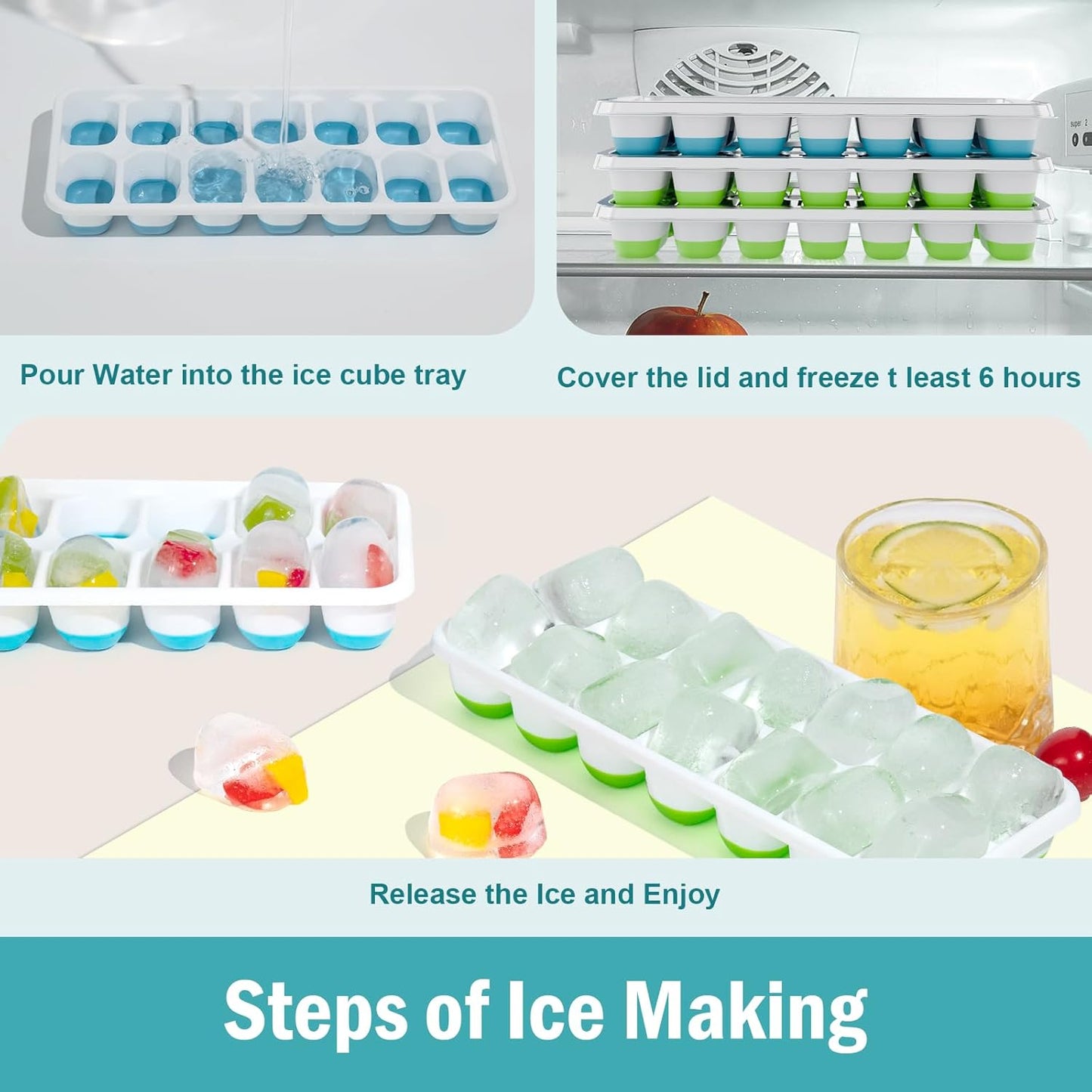 Skiennix Ice Cube Trays - Flexible Silicone Bottom for Easy Release | 3 Pack, Color-Coded (2 Green, 1 Blue)