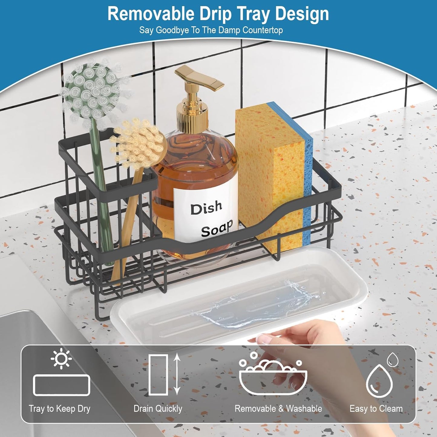 Skiennix Sponge Holder - Multifunctional Rustproof Kitchen Caddy with Detachable Brush Holder & Drain Tray