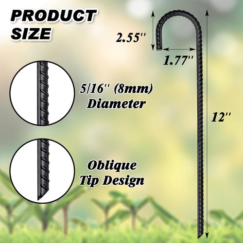 Feed Garden Heavy-Duty 12-Inch J Hook Rebar Stakes - Galvanized Steel Ground Anchors (16 Pack)