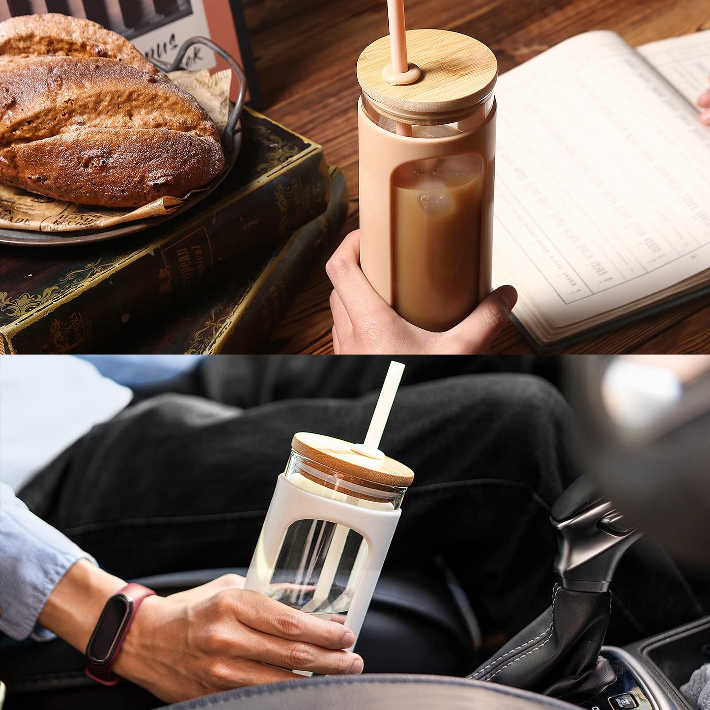 Kodrine 20oz Glass Water Tumbler with Straw and Lid, Bamboo Lids Water Bottle, Iced Coffee Cup Reusable, Wide Mouth Smoothie Cups with Protective Silicone Sleeve BPA FREE-Amber