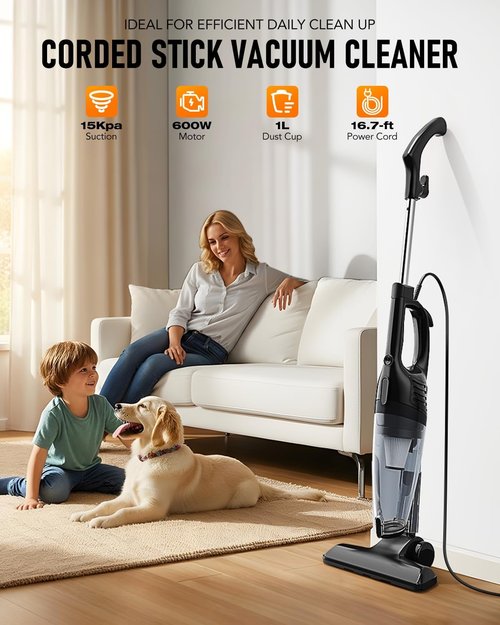 Avvnee Corded Stick Vacuum Cleaner - 15000Pa Strong Suction, Ultra-Lightweight 3lbs, Ideal for Pet Hair & Hard Floors, Black