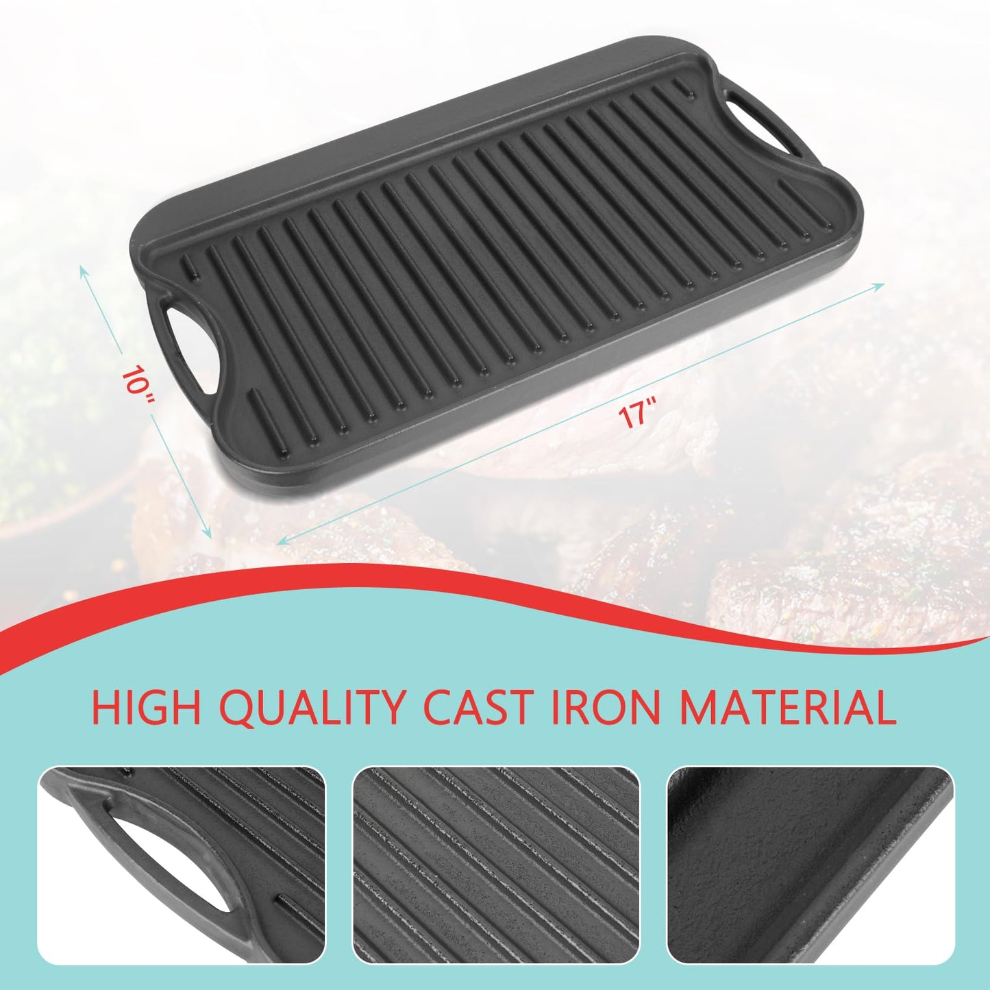 WEBROIL 2 in 1 Reversible Cast Iron Griddle for Gas Grill, Flat Top Grill Pan for Gas Stove, Pre-Seasoned Oven Top pan,Upgrade Double Burner Griddle for Indoor & Outdoor Cooking Accessories, 17" X 10"