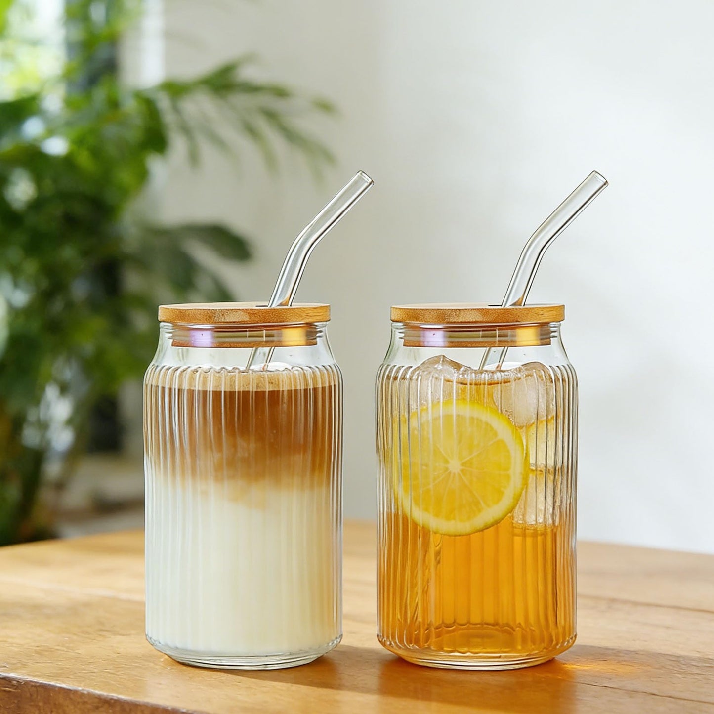 2 PCS Glass cups with Lids and Straws, 16 OZ Iced Coffee Cups, Ribbed Glass Tumbler with Straw and Bamboo Lid, Thick Drinking Beer Glasses for Coffee, Juice, Match Cup with Cleaning Brush (Clear)