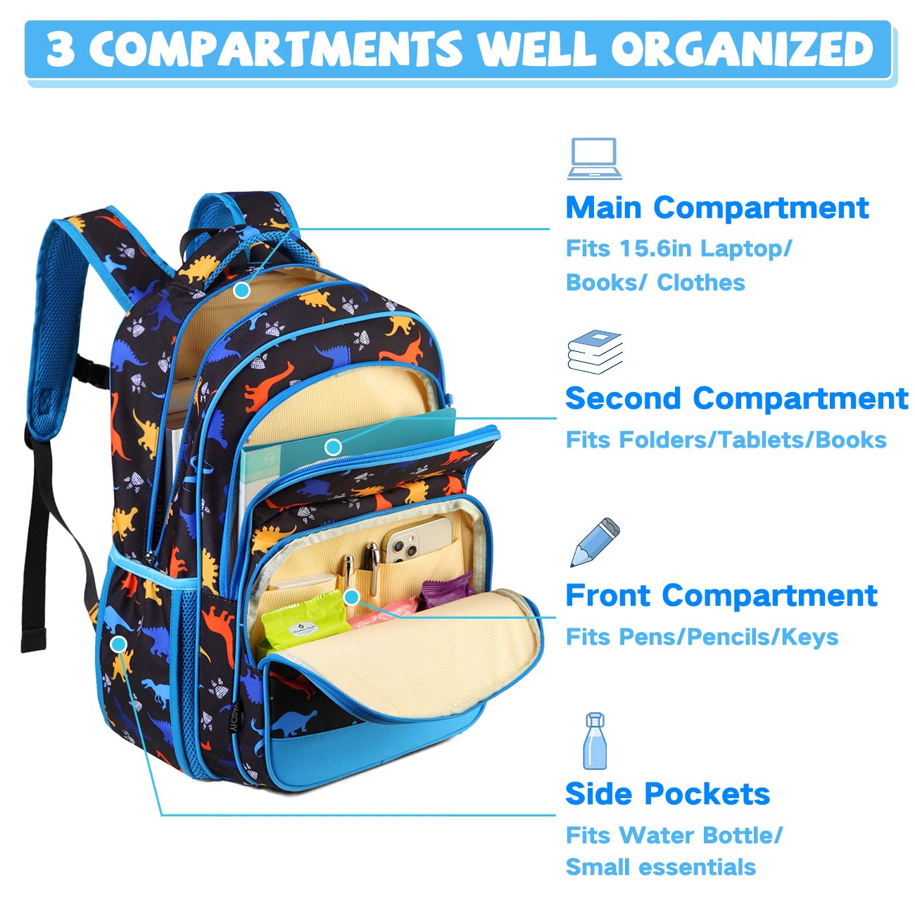VASCHY Kids School Backpack Lunch Box Bag Pencil Case Combo, Children BookBag Schoolbag Set for Preschool/Kindergarten/Elementry School Supplies Boys Girls Black Dinosaurs