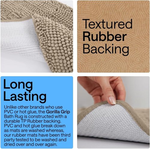 GORILLA GRIP Bath Rug Mat - Thick Absorbent Chenille | Quick-Dry Microfiber, 60x24, Gray Beige