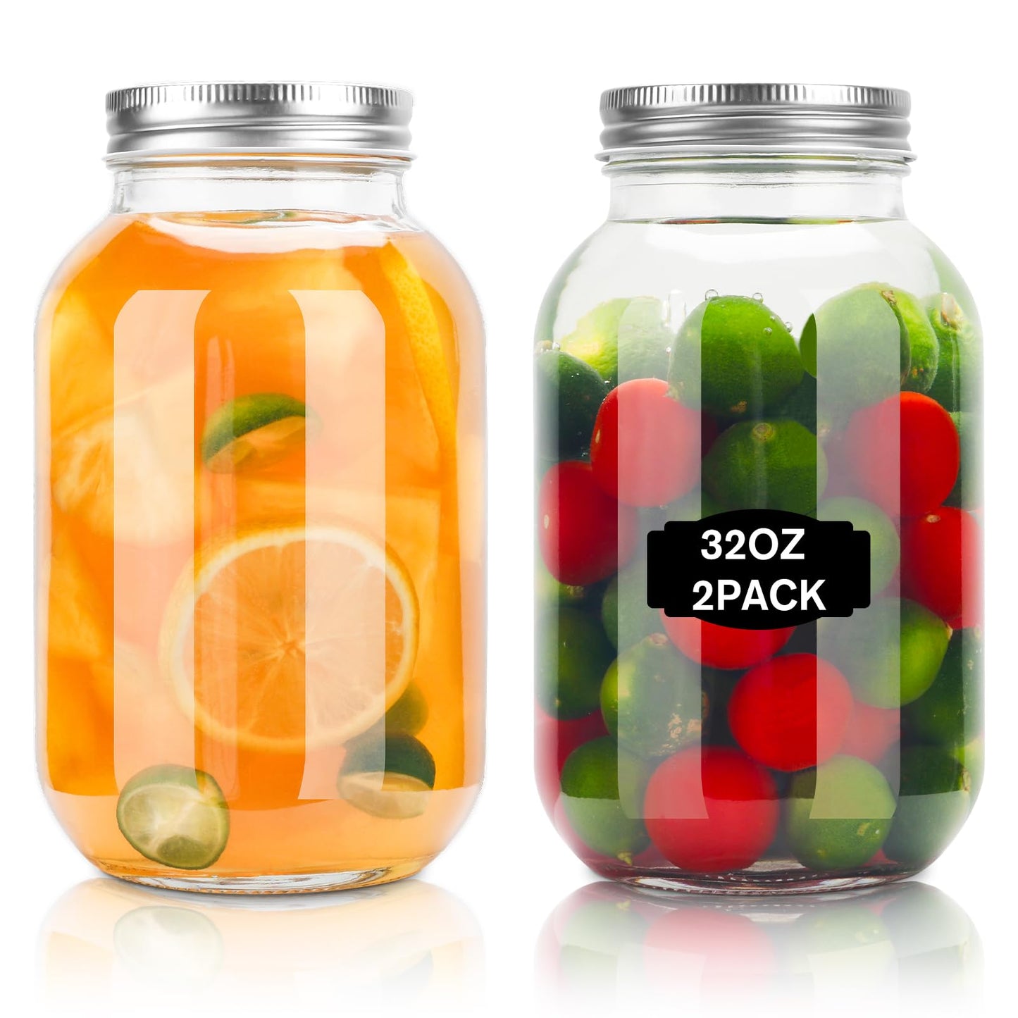 ODDMUCK Glass Mason Jars, 2 Pack 32oz Clear Glass Regular Mouth Canning Jars with Lids for Sealing, Ideal for Food Storage, Snacks, Candies, Jam, Honey, Wedding Favors, Shower Favors, DIY Projects