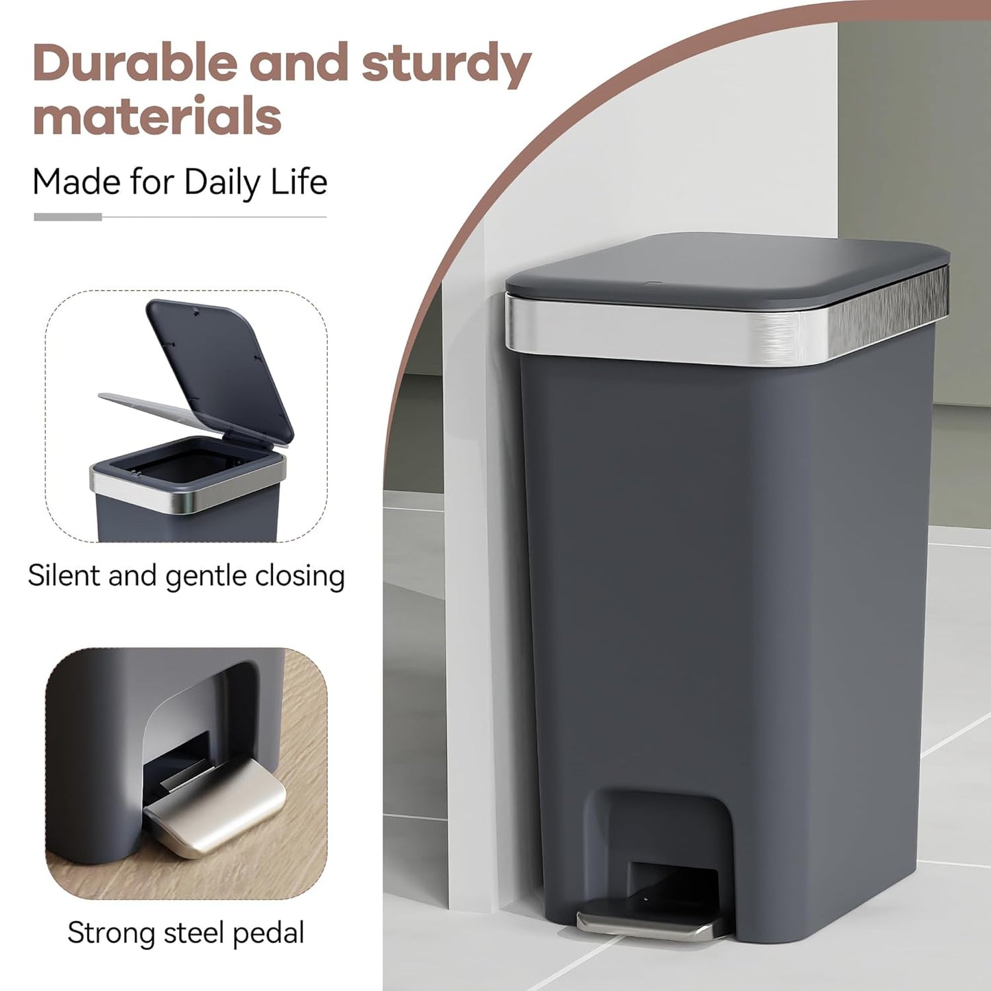 Skiennix Small Bathroom Trash Can - Soft Close Lid, 10L Slim Metal Waste Basket | Dark Gray