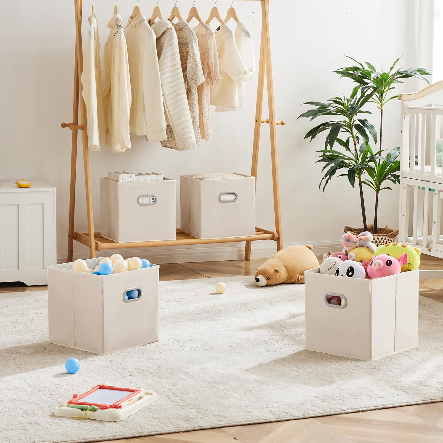 MAX Houser 6 Pack Foldable Fabric Storage Bins with Handles - Ideal for Closet Organization, Bedroom and Nursery（ Beige, 12"x12"x12"）