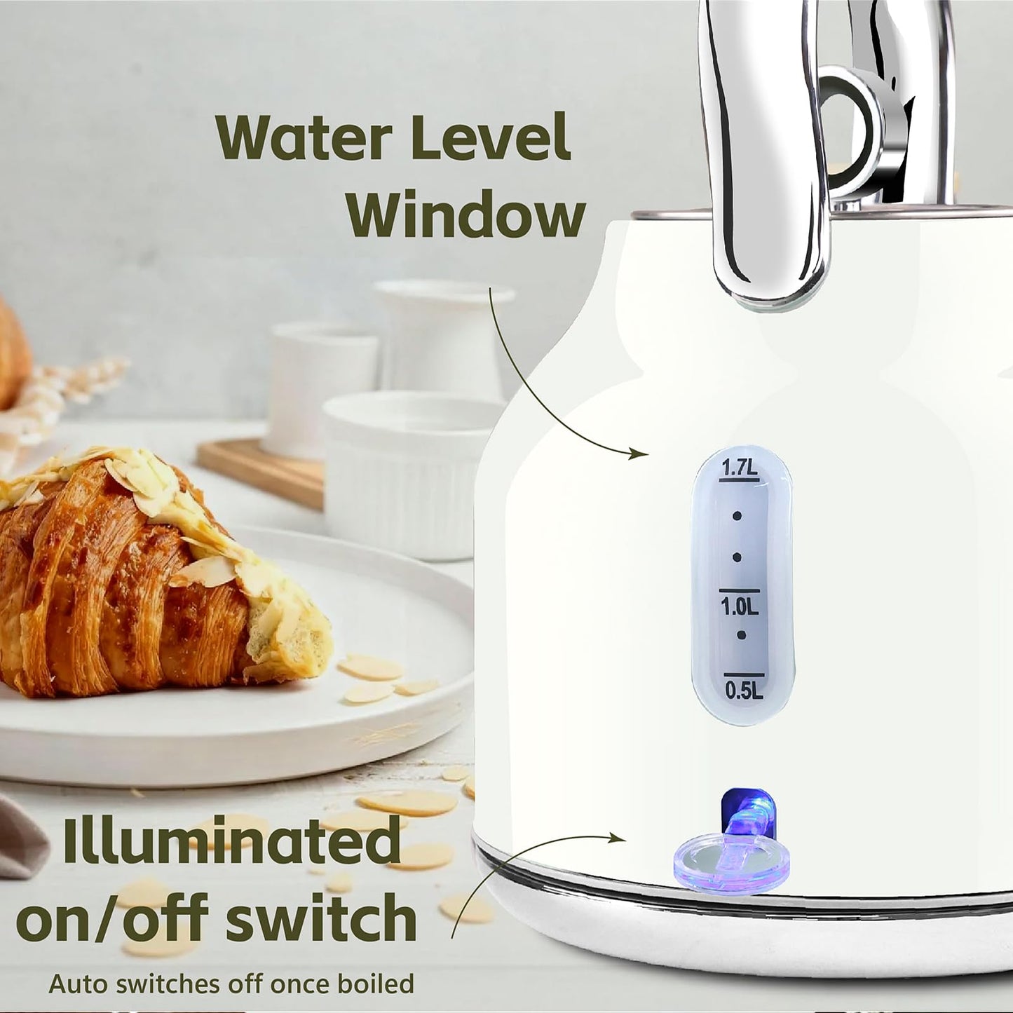 Seydere Electric Kettle – 1.7L Stainless Steel Kettle with Keep Warm Function, 1500W Fast Boil Kettle with LED Indicator, Auto Shut-off & Boil-Dry Protection Cordless Design, Rotational Base (White)