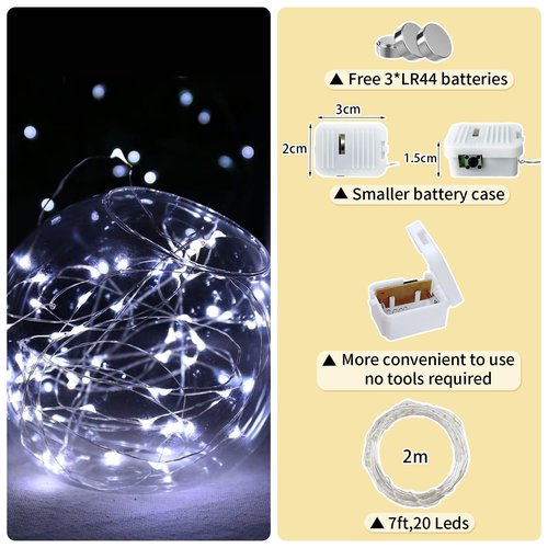 chzk 24 Pack White Fairy Lights Battery Operated, 7ft 20 LED Mini String Twinkle Lights for Christmas Halloween Easter Mason Jars Centerpiece Table Decorations (24, White)