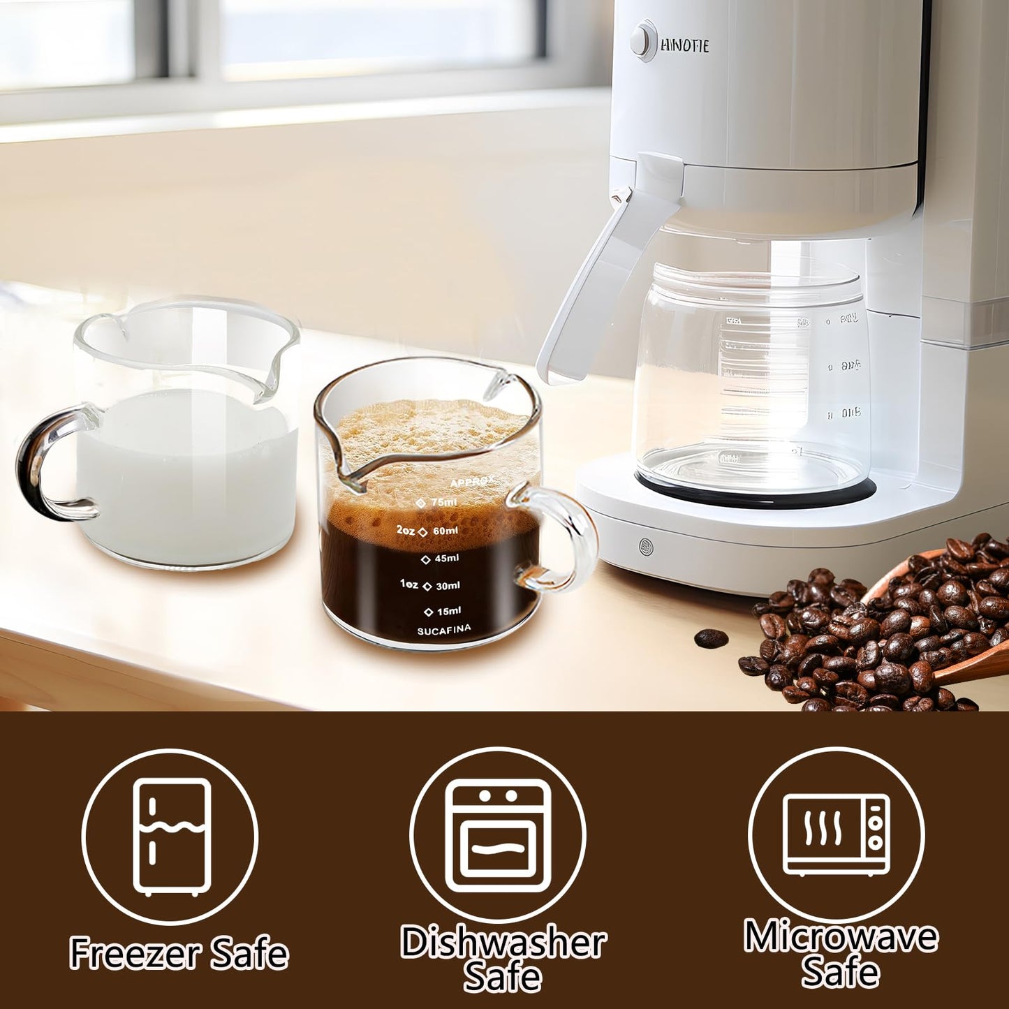 HCengTriz Espresso Cups 4-Piece set, 4 OZ Double Spout Cup with Handle, Espresso Shot Glass with V-Shaped Spout for Espresso Machine, Milk Cup (Espresso Cup Graduated)