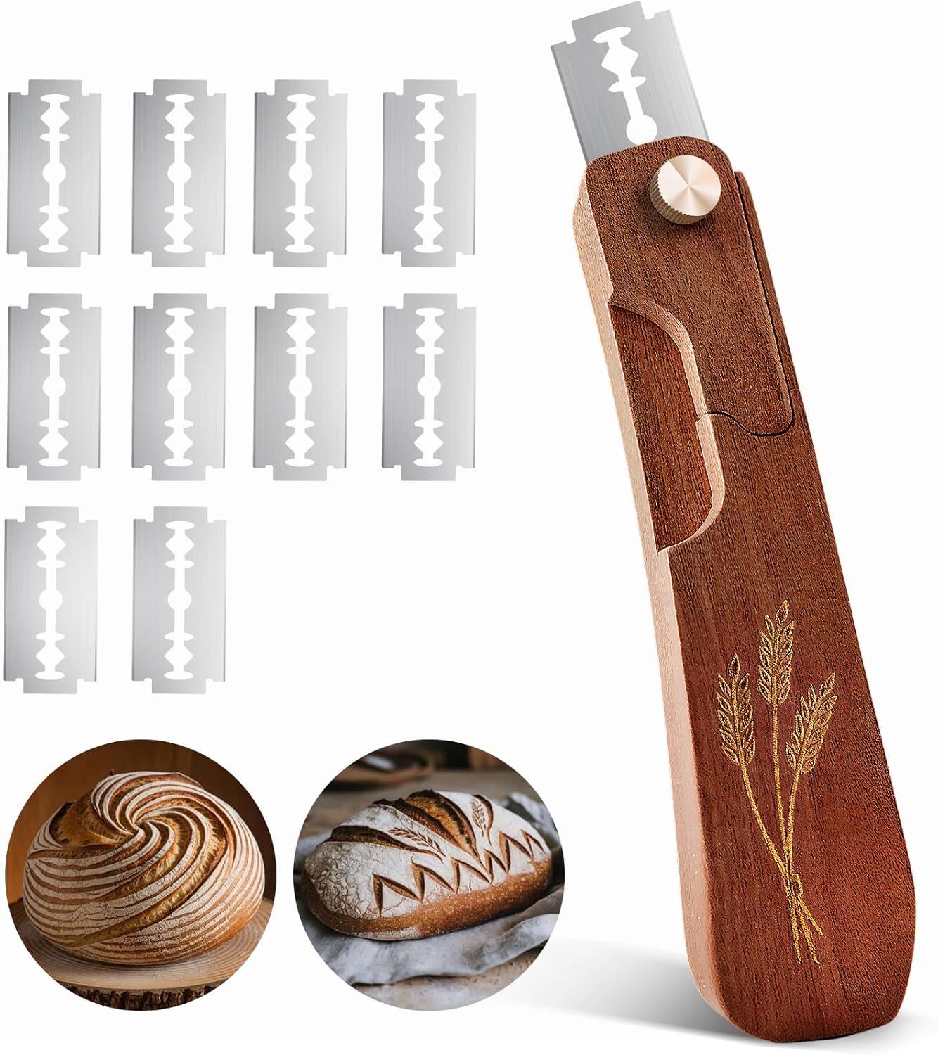 Skiennix Wooden Bread Lame - Handcrafted Sourdough Scoring Tool with Screw Lock & 10 Razor Blades | Reddish Brown