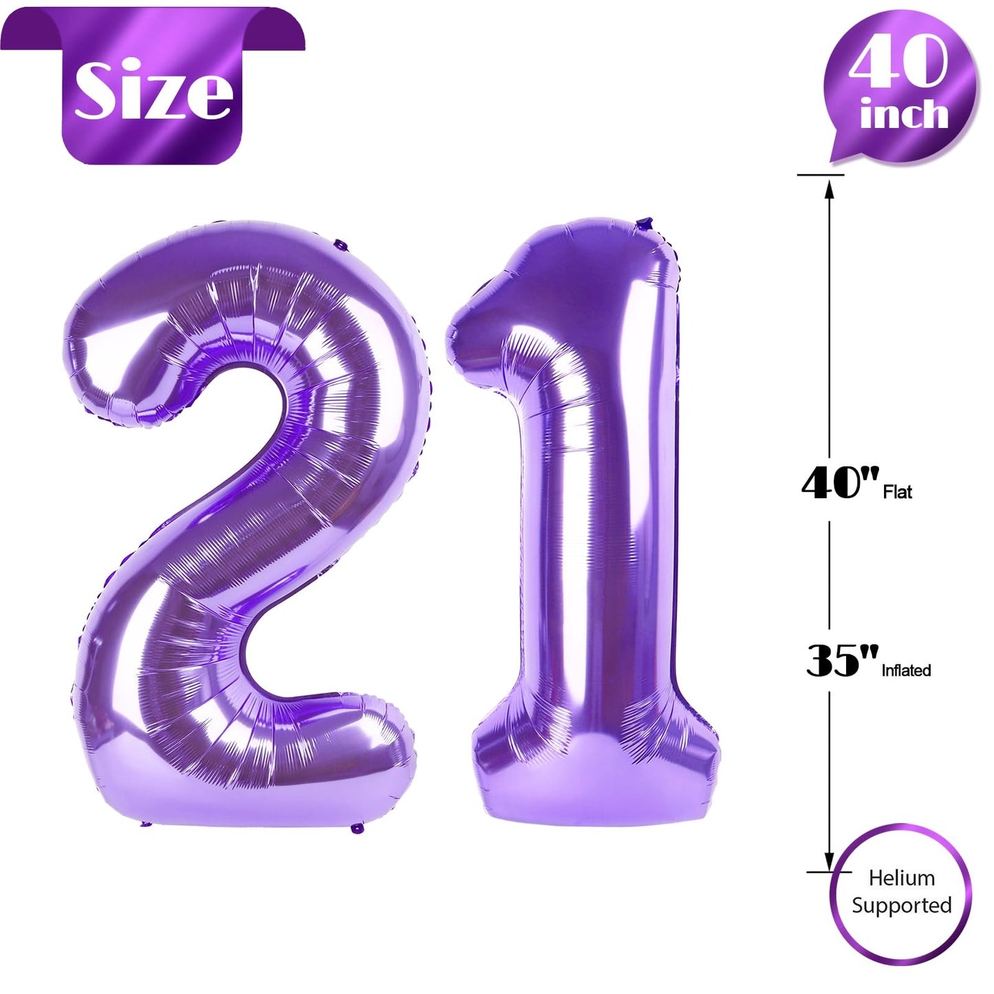 Purple Number 21 Balloon 40 Inch, 21st Birthday Party Decorations for Children, Giant 21 Foil Balloon for Party Supplies