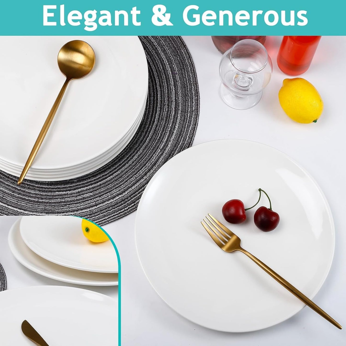 Regine Switzerland Porcelain Dessert Plates - Set of 4 | 10-Inch White Ceramic Dinner Plates, Microwave & Dishwasher Safe