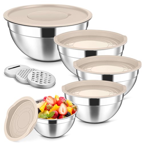 Herogo 5-Piece Mixing Bowls with Lids, 3 Grater Attachments, Stainless Steel Salad Bowls for Kitchen, Size 4.6, 3.5, 2.5, 2, 1.5QT Ideal for Baking, Prepping, Mixing and Serving, Khaki