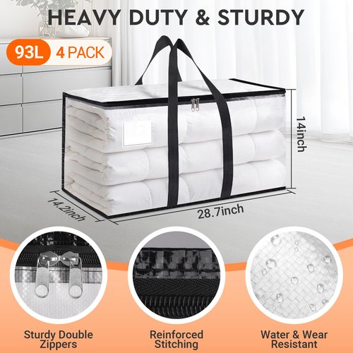 HomeHacks Clear Moving Bags Heavy Duty 4 Pack, Storage Bags with Zipper, Extra Reinforced Handles & Waterproof Packing Boxes for Moving, Camping, Home Organization 93L/24Gal (28.7"x14.2"x14")