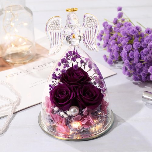 ANWEAO Mothers Day Mom Gifts for Her, Glass Angel Figurine with Three Roses Gifts,Preserved Forever Real Rose Gifts for Women, Angel Guardian with Rose Flower Gifts, Birthday Gifts for Women