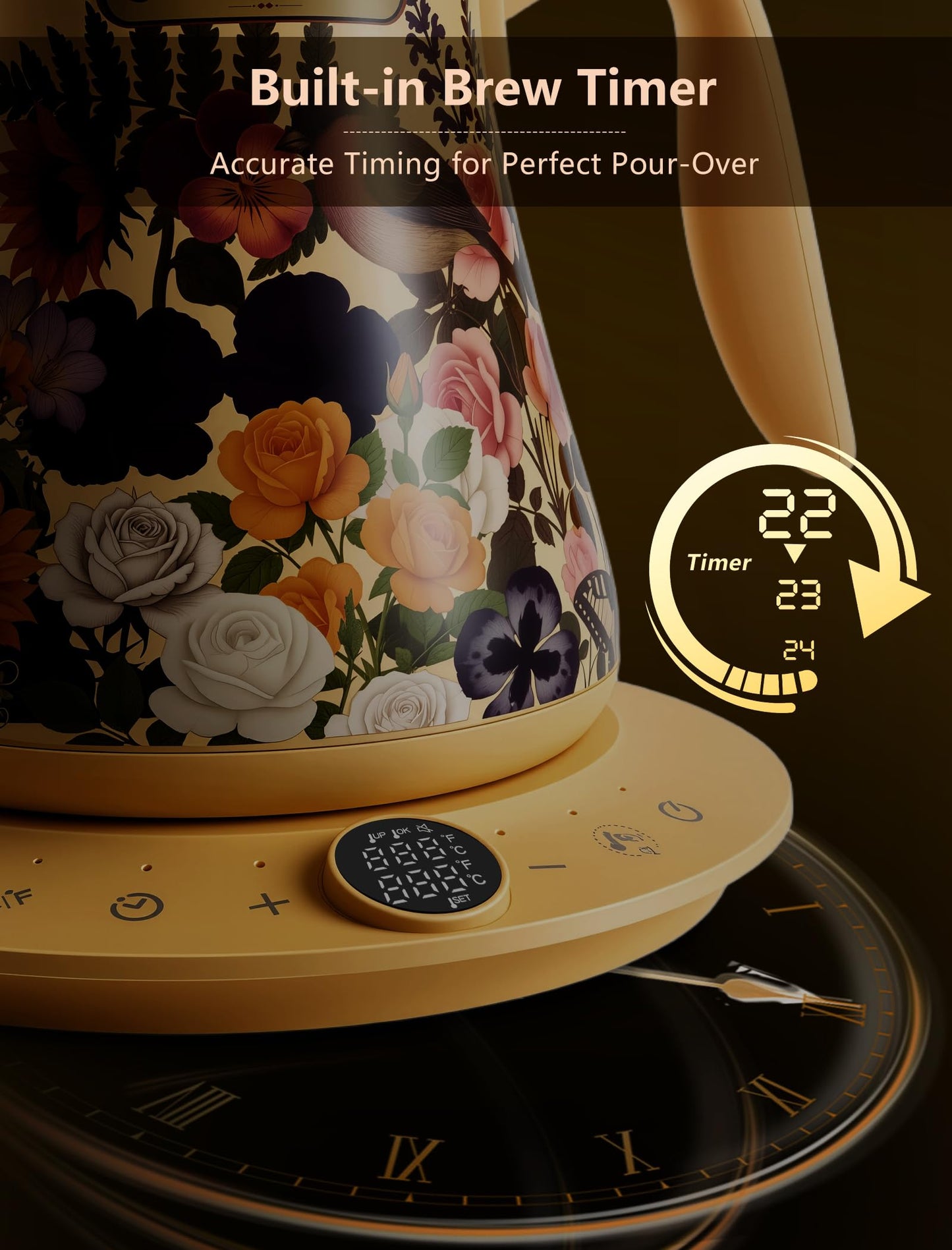 Olumaramio 0.8L/27oz Gooseneck Electric Kettle - ±1℉ Precise Temperature Control for Pour Over Coffee & Tea, 1200W Fast Heating, Auto Shut-Off, Built-in Brew Timer, BPA-Free Stainless Steel, Floral