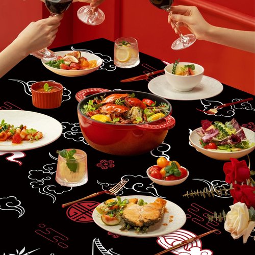 3-Piece 54 × 108 Inch Hibachi Plastic Tablecloth – Black and Red Oriental Disposable Rectangle Table Cover for Chinese New Year, Lunar New Year Party, Asian Festival, and Cultural Celebrations