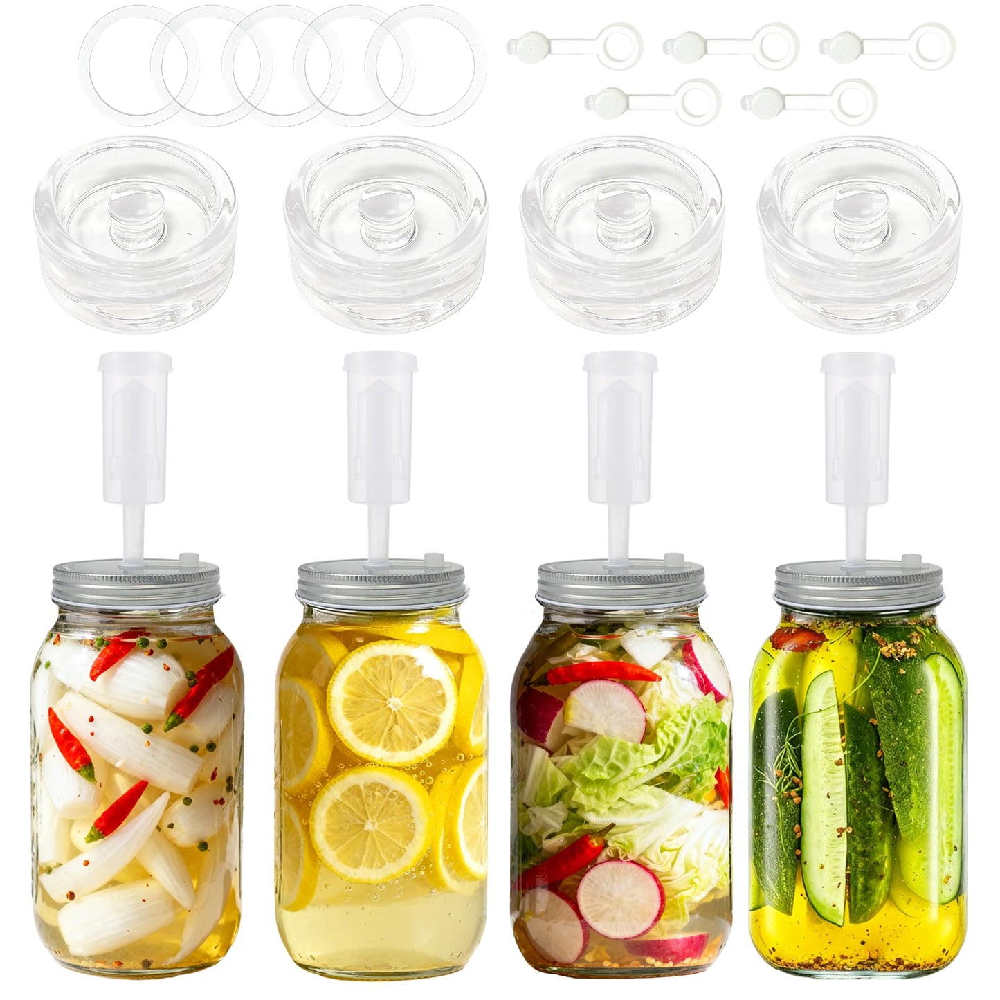Fermentation Kit for Wide Mouth Mason Jars,Fermentation Kit with 4 Glass Fermentation Weights,4 Fermenting Lids,4 airlocks,5 Silicone Rings,5 Silicone Grommet for Pickling, Canning and Sauce(No Jars)