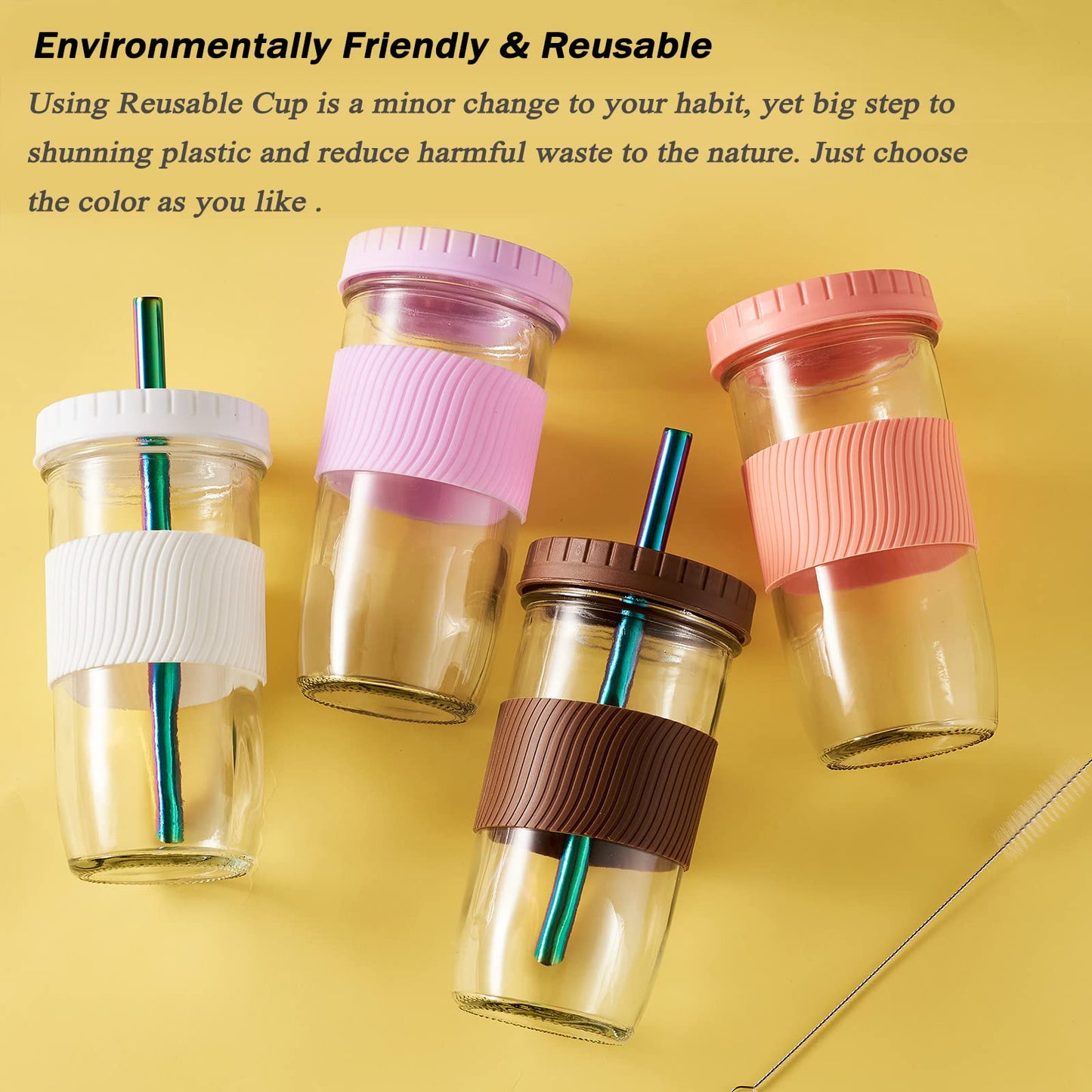 Amyoole 2 Pack Reusable Boba Cup, 24Oz Wide Mouth Smoothie Cup,mason Jar Glass Cups with Lids and Straws,Bubble/Boba Tea Cups,Ice Coffee Tumbler 2 colored straws 1 sponge brush(Pink)