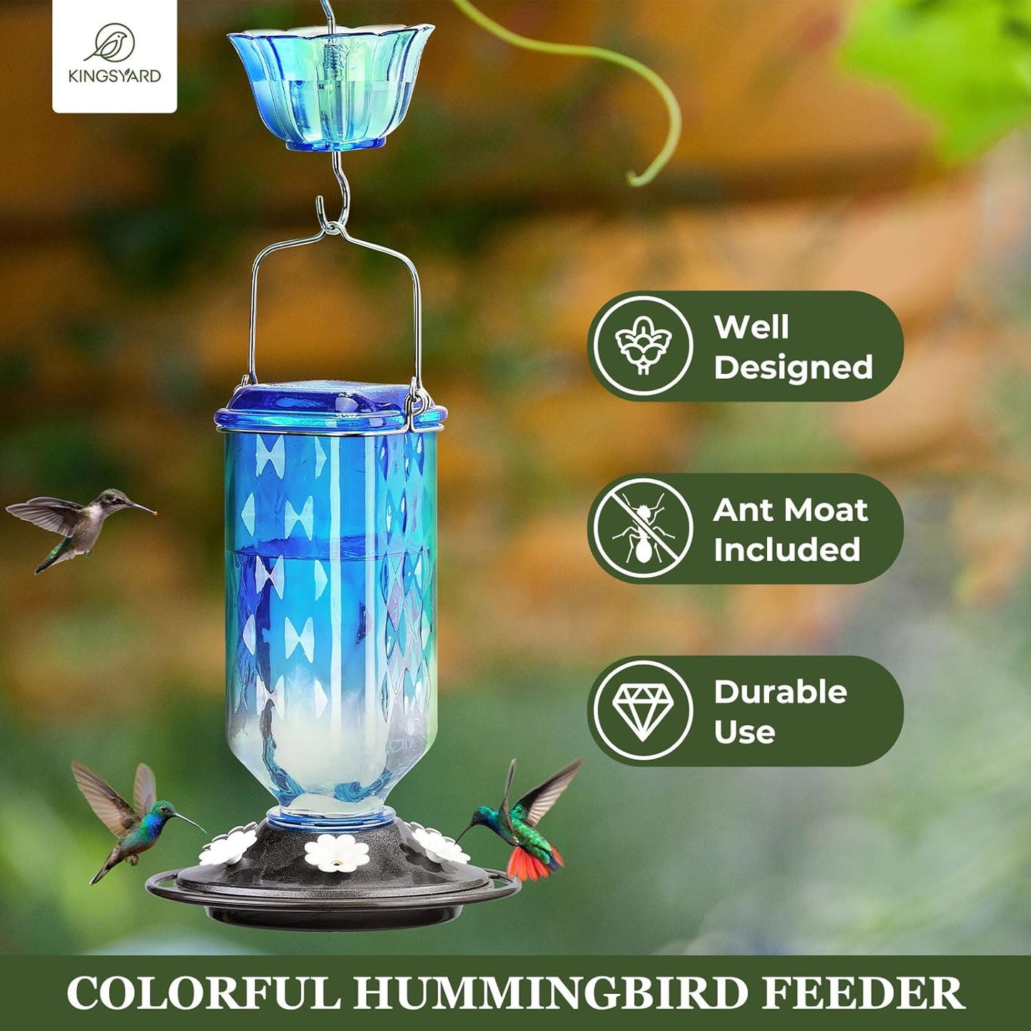Kingsyard Hummingbird Feeder - 24 Ounce Glass Design with 6 Feeding Ports & Ant Moat | Blue Garden Décor